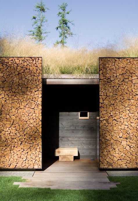 firewood wood walls cordwood storage roof outdoor outside stone modern montana entrance architecture facade logs interior architect stack cabin flathead