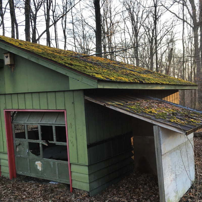 Auxiliary garden buildings inspiration - Mid Century Style Garage Located in Ohio with moss covered roof -More buildings at Thinkingoutsidetheboxwood.com