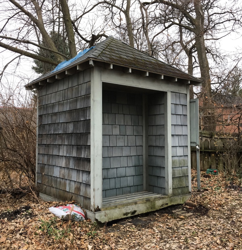 Auxiliary garden buildings inspiration - A cedar shake sided shed in German Village, Ohio - more buildings at Thinkingoutsidetheboxwood.com